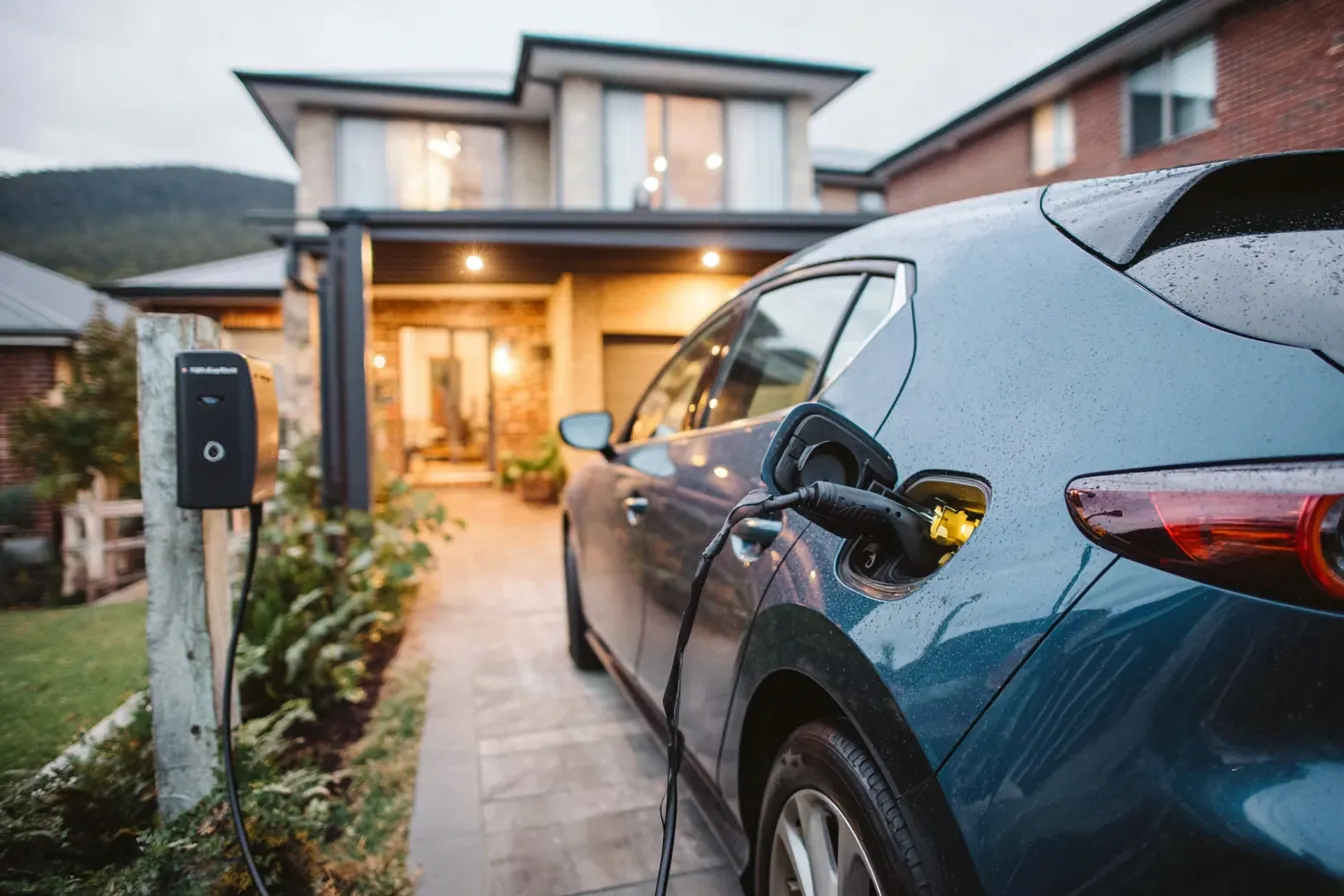 Carro eléctrico conectado al cargador de pared en el garaje de una casa, al atardecer
