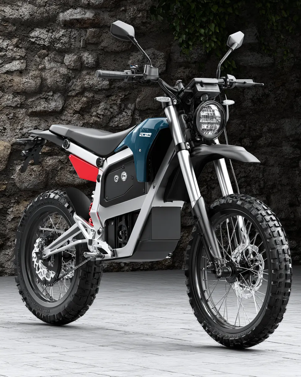 Moto eléctrica de campo estacionada frente a un muro de piedra