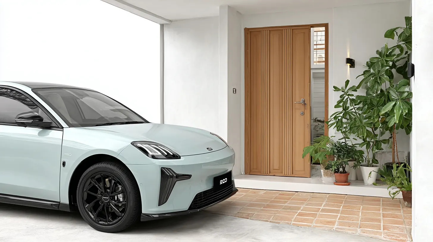 Carro eléctrico estacionado a la entrada de una casa, con la puerta abierta y plantas